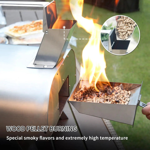 12-Inch Multi-Fuel Outdoor Pizza Oven for Backyard Cooking, Pellet Wood Gas Electric Ready, side view with wood pellets burning