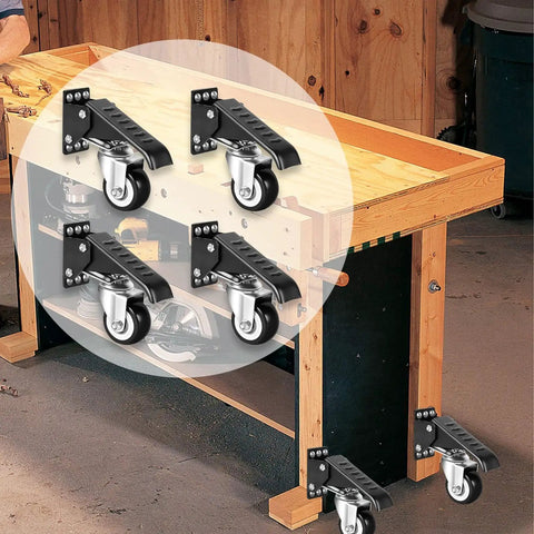 Smooth As Silk Retractable Workbench Casters 4 Pack Heavy Duty Swivel Wheels with step pedal on wooden workbench.