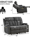 Two Seat Manual Recliner Sofa Set With Cozy Fabric Comfort, Built In Side Pockets And Cup Holders, Dark Grey dimensions