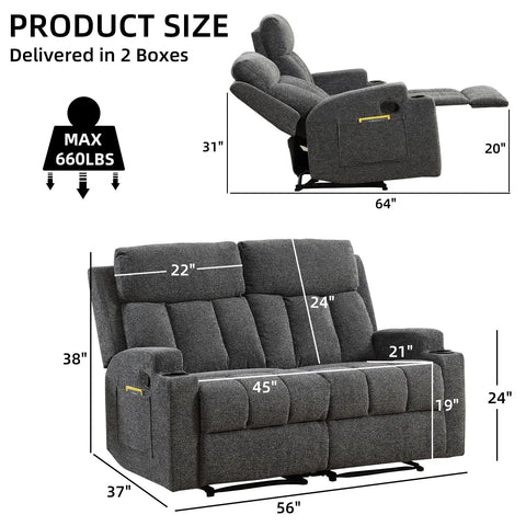 Two Seat Manual Recliner Sofa Set With Cozy Fabric Comfort, Built In Side Pockets And Cup Holders, Dark Grey dimensions