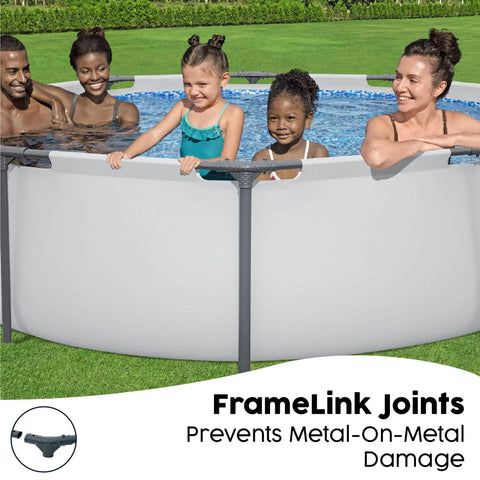 Family enjoying the Premium Round Above Ground Swimming Pool 10 Foot Diameter 30 Inch Depth Steel Frame Build outdoors.