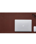 Top view of Premium PU Leather Desk Mat Large 36 By 17 Inches Dark Brown Office Keyboard And Mouse Pad Desk Cover Protector with laptop