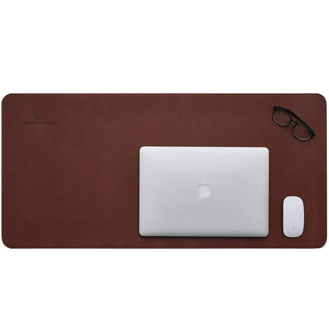 Top view of Premium PU Leather Desk Mat Large 36 By 17 Inches Dark Brown Office Keyboard And Mouse Pad Desk Cover Protector with laptop