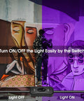 Triple Pack 100W LED Black Lights Flood Lamps With Plug And Switch, 120V IP66 Waterproof Blacklight illuminating a mural, switch detail