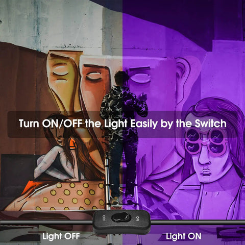 Triple Pack 100W LED Black Lights Flood Lamps With Plug And Switch, 120V IP66 Waterproof Blacklight illuminating a mural, switch detail