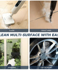 Kick Mess And Daily Grime To The Curb With This Dependable 11-In-1 Chemical Free Steam Mop in action on floors, grout, windows, and wheels.