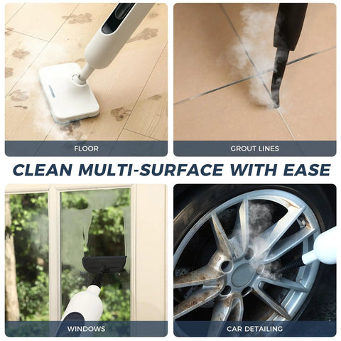 Kick Mess And Daily Grime To The Curb With This Dependable 11-In-1 Chemical Free Steam Mop in action on floors, grout, windows, and wheels.