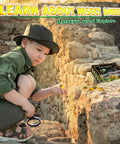 Child examining Amber Dig Kit With Real Insects Encased In Resin Excavate Six Fossil Insects for STEM learning outdoors.