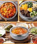 Two Set Dolsot Bibimbap Stone Bowls With Wood Bases And Aluminum Tongs Sizzling Hot Pot Stoneware For Korean Restaurants And Home Perfect For Rice Soup Stew 32 Oz Each with assorted Korean dishes