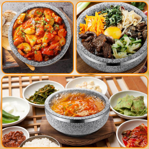 Two Set Dolsot Bibimbap Stone Bowls With Wood Bases And Aluminum Tongs Sizzling Hot Pot Stoneware For Korean Restaurants And Home Perfect For Rice Soup Stew 32 Oz Each with assorted Korean dishes