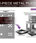 12-piece metal puzzle with die and square frame made from 17 gauge mild steel, detachable for assembly and stress relief.