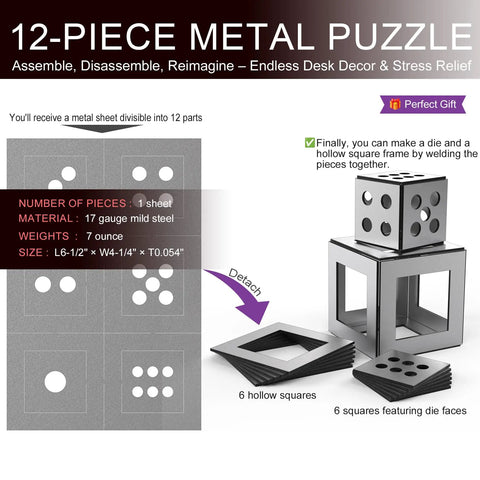12-piece metal puzzle with die and square frame made from 17 gauge mild steel, detachable for assembly and stress relief.