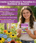 Girl holding pack of American Meadow Magic Wildflower Seed Mix Bulk Pack 25 Varieties Non GMO Perennial and Annual Native Seeds