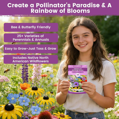 Girl holding pack of American Meadow Magic Wildflower Seed Mix Bulk Pack 25 Varieties Non GMO Perennial and Annual Native Seeds