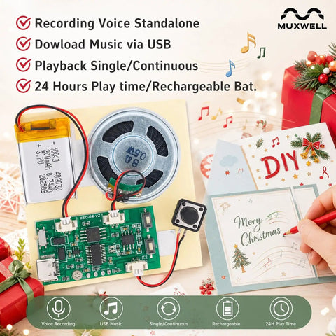 Two Piece Diy Audio Recorder And Player Kit Providing Usb Type C Connectivity For Effortless Music Upgrades No Sweat Setup With Built Speaker Battery And Control Buttons Ideal For Creating Custom Voice Tracks And Personalized Greeting Cards That Totally with green PCB, speaker, and battery.