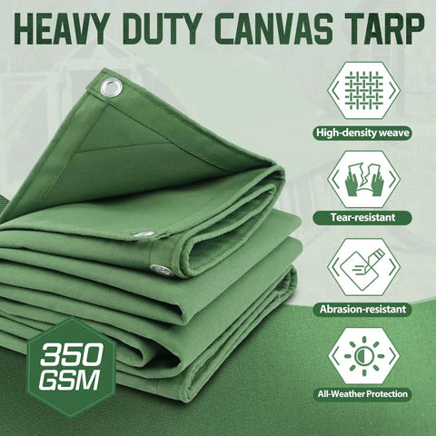 Heavy Duty 5x7 Canvas Tarp In Green 12 Oz Durable Tarpaulin With Rustproof Grommets Weather Resistant Shelter details