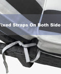 Close-up of fixed straps on 2 Pack Outdoor Lounge Chair Cushions Replacement Cushions For Patio Chaise Lounge, Black And White Stripes.