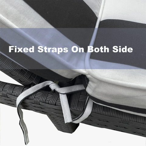 Close-up of fixed straps on 2 Pack Outdoor Lounge Chair Cushions Replacement Cushions For Patio Chaise Lounge, Black And White Stripes.