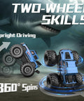 Waterproof 360 Degree Rotating 4X4 RC Monster Truck showcasing two-wheel skills and 360° spins underwater with shark background