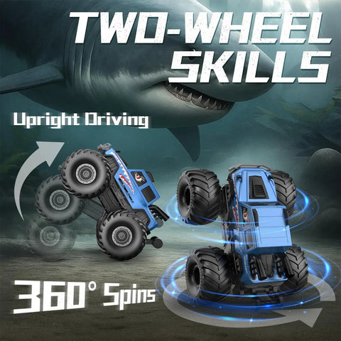 Waterproof 360 Degree Rotating 4X4 RC Monster Truck showcasing two-wheel skills and 360° spins underwater with shark background