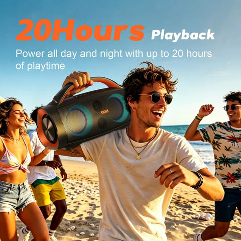 People enjoying beach party with Extreme Boom Pro 100W Outdoor Speaker With Dual 40W Woofers And Dual 10W Tweeters, highlighted text.