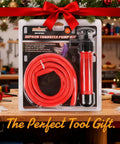 Emergency Siphon Fuel Transfer Pump Kit For Gas Oil And Liquids in packaging with red hose and pump against festive background