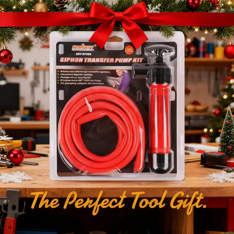Emergency Siphon Fuel Transfer Pump Kit For Gas Oil And Liquids in packaging with red hose and pump against festive background