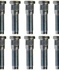 Straight Shooting 9/16 18 Serrated Wheel Stud Featuring Precision Knurl And Right Hand Threads set of ten in a linear arrangement.