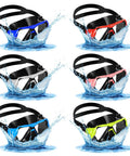 Set of six splash-emerging colors of Six Pack Adult Swim Goggles With Nose Cover For Women And Men Pool Mask Anti Fog Tempered Glass Snorkel Dive Mask Gear For Adults And Youth 6 Color Options Classic Colors.