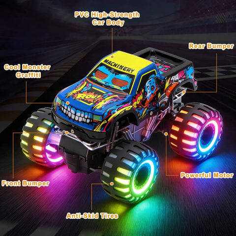 Monster Truck RC Car For Kids 1 To 20 Scale 2.4GHz All Terrain Toy With Lights Rechargeable Batteries Realistic Details Indoor Outdoor Off Road Ready Gift For Boys Girls Toddlers featuring colorful graffiti, PVC body, and LED wheels