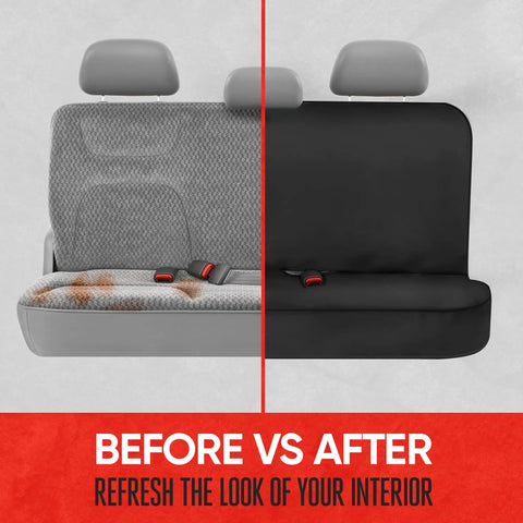Waterproof Neoprene Rear Bench Seat Cover For Cars Trucks SUVs And Vans 100 Percent Back Seat Protector Against Spills Messes Dog Hair Mud And Kids Universal Fit shown before and after installation.