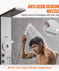6-Mode Shower Panel System with Rainfall, Waterfall & 4 Body Massage Jets, anti-clog nozzles, overhead and handheld shower.