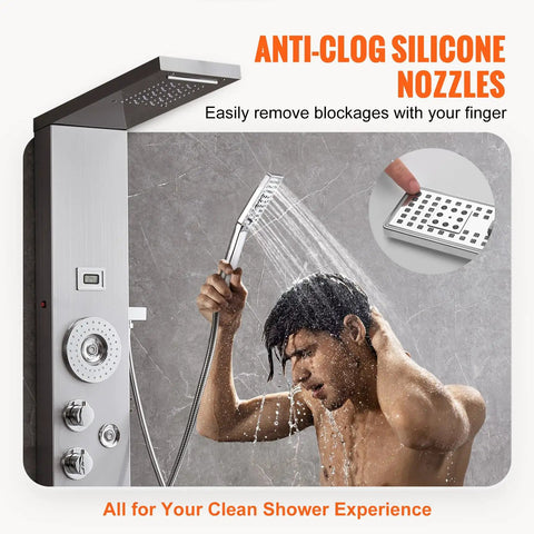 6-Mode Shower Panel System with Rainfall, Waterfall & 4 Body Massage Jets, anti-clog nozzles, overhead and handheld shower.