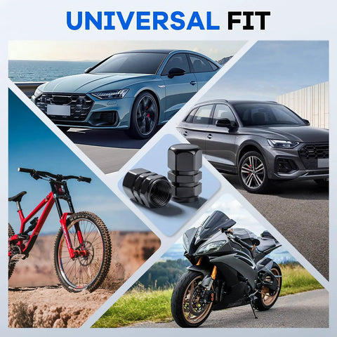 12 Pack Tire Valve Stem Caps Black Universal Fit For Cars, SUVs, Trucks, Motorcycles And Bikes, shown with vehicles.