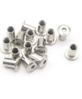 Hella Sturdy M8 X 18mm Barrel Nuts With Hex Socket Cap Design And Heavy Duty Iron Insert Rivets Built For Furniture DIY Projects Featuring A Knockout 20 Pack Hardware Kit With Classic Silver Finish displayed in a group showing their shiny silver coat.