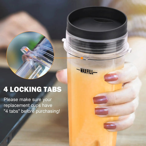 Replacement 16 Oz Blender Cup Set With Six Fin Blade Assembly For Personal Blenders Easy Swap Compatible showing locking tabs