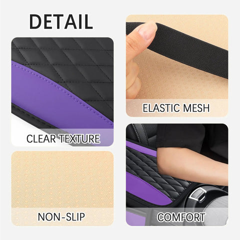 Detailed view of Patchwork Leather Center Console Covers For Cars With Side Storage Pocket And Car Seat Organizer in purple.
