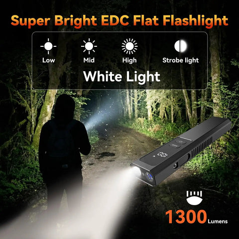 4-In-1 EDC Flat Flashlight USB-C Rechargeable Magnetic Slim Handheld Light illuminating forest path at night