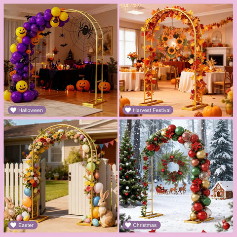 Heavy Duty 7.2Ft Metal Garden Arch Trellis Arbor With Steel Frame And Base decorated for various holidays; Halloween, Harvest Festival, Easter, Christmas scenes