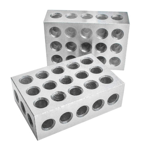 Two HFS 1-2-3 machinist blocks, hardened steel with 23 holes, silver finish