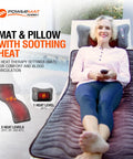 Woman using Full Body Massage Mat With Heat And Shiatsu Vibration for bed, chair, and recliner, showcasing heat settings.