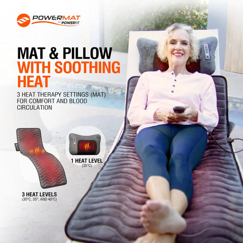 Woman using Full Body Massage Mat With Heat And Shiatsu Vibration for bed, chair, and recliner, showcasing heat settings.