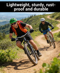 Two cyclists on a mountain trail using 7mm Bike Brake Cable Lever Adjuster Screws Set for Mountain Bikes, Lightweight Aluminum Alloy