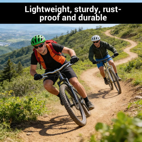 Two cyclists on a mountain trail using 7mm Bike Brake Cable Lever Adjuster Screws Set for Mountain Bikes, Lightweight Aluminum Alloy