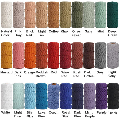 Natural Macrame Cord 3mm 109 Yards Beige Cotton Rope For Wall Hangings displayed in multiple colors on spools