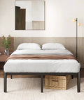 Heavy Duty Steel Platform Bed For Full Size Mattresses with clean gray bedding and a wooden nightstand in modern decor.