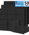 Top Shelf Pyramid Acoustic Foam Panels 50 Pack 16X12X2 Inches High Density Sound Absorbing Tiles in black stacked arrangement