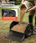 Walk Behind Or Towable Compost Spreader With 24 Inch Spreading Width, open drum being filled with compost, lawn setting