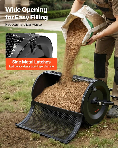 Walk Behind Or Towable Compost Spreader With 24 Inch Spreading Width, open drum being filled with compost, lawn setting
