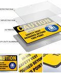 Caution Hi Vis Safety Vest Required Beyond This Point Sign Durable Rust Free Aluminum With UV Protected Print Waterproof Outdoor Warning Sign For Industrial Areas Highly Reflective For Day And Night Visibility. 14x10 in aluminum sign with protective film